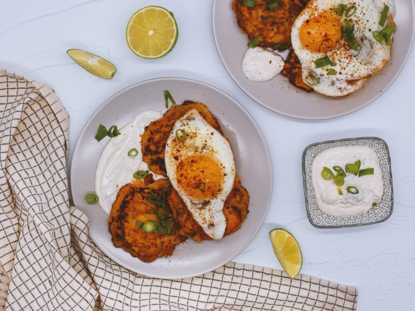 Fried grated sweet potato with egg and creme fraiche