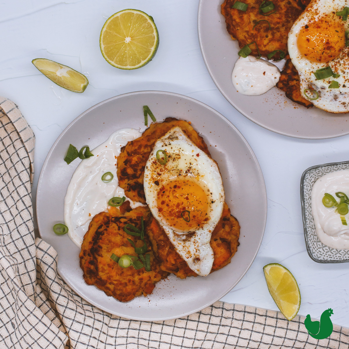 Fried grated sweet potato with egg and creme fraiche