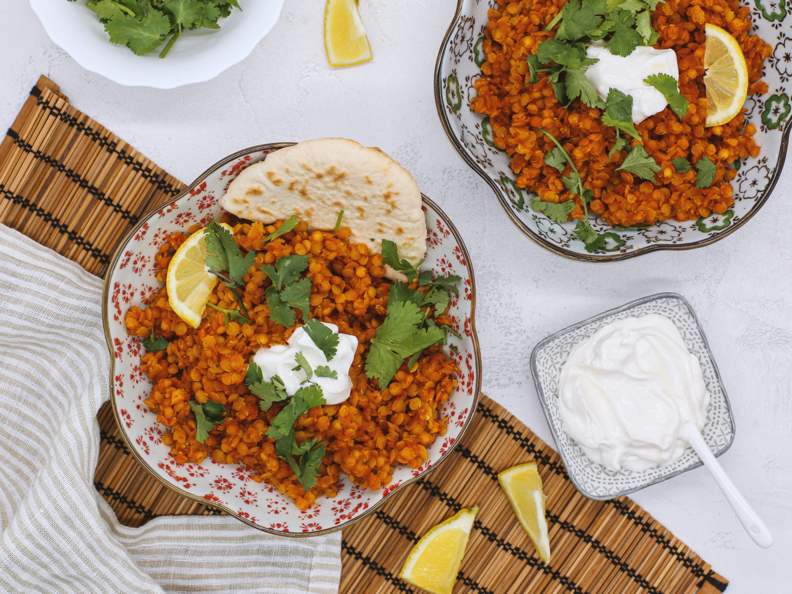 Red Lentil Dahl with Naan and fresh coriander