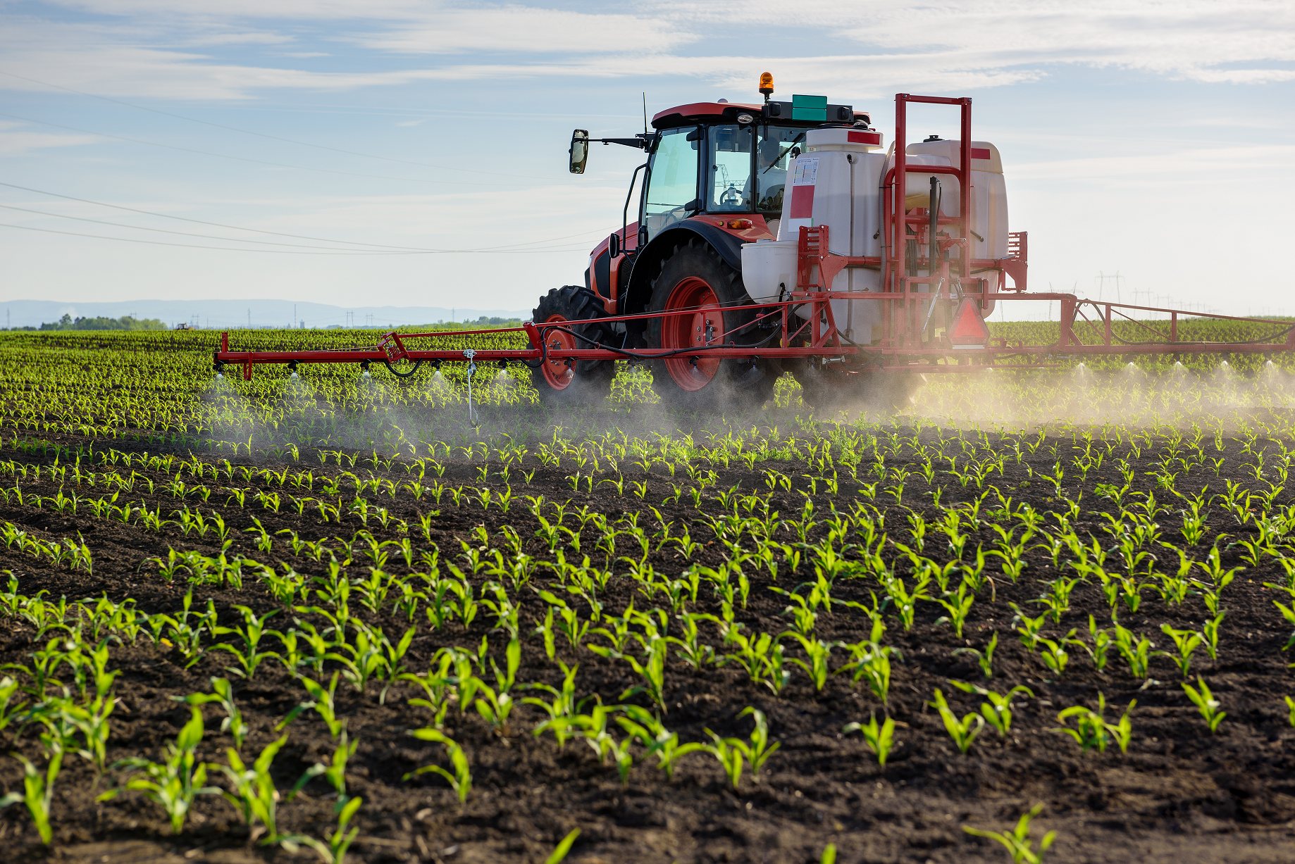 Pesticides spraying machine on a crop