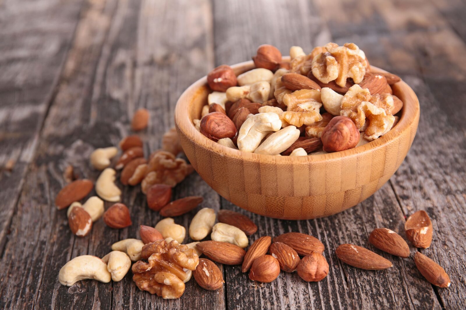 Several kinds of nuts in a bowl