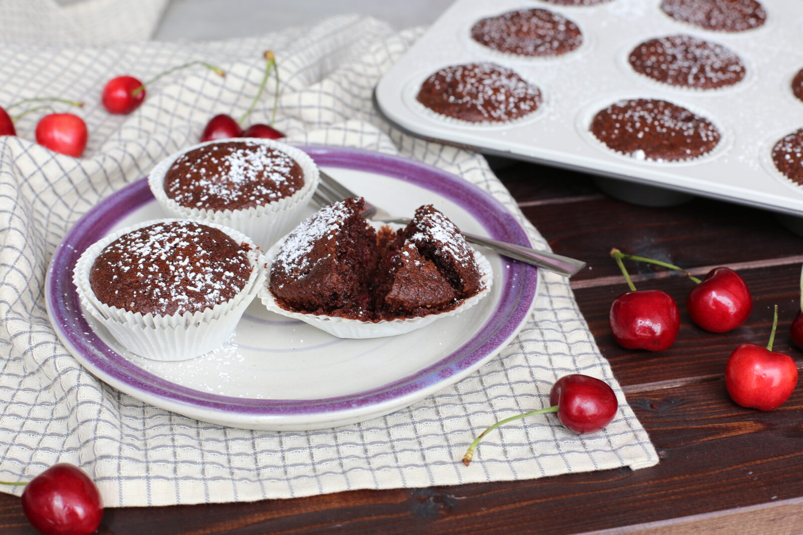 muffins, vegan, cherries, cocoa powder, almonds,