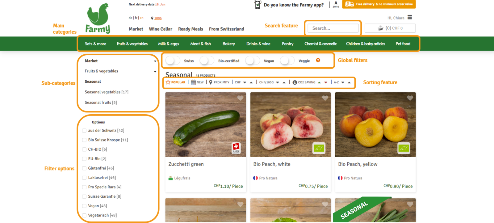 sorting, options, Farmy, Website, English, price, language, Market, vegan, veggie, cellar, swiss