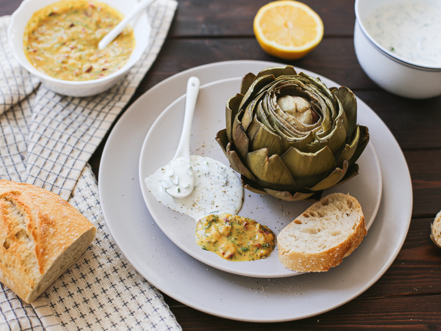 artichokes, mustard, honey, herbs, dip, baguette