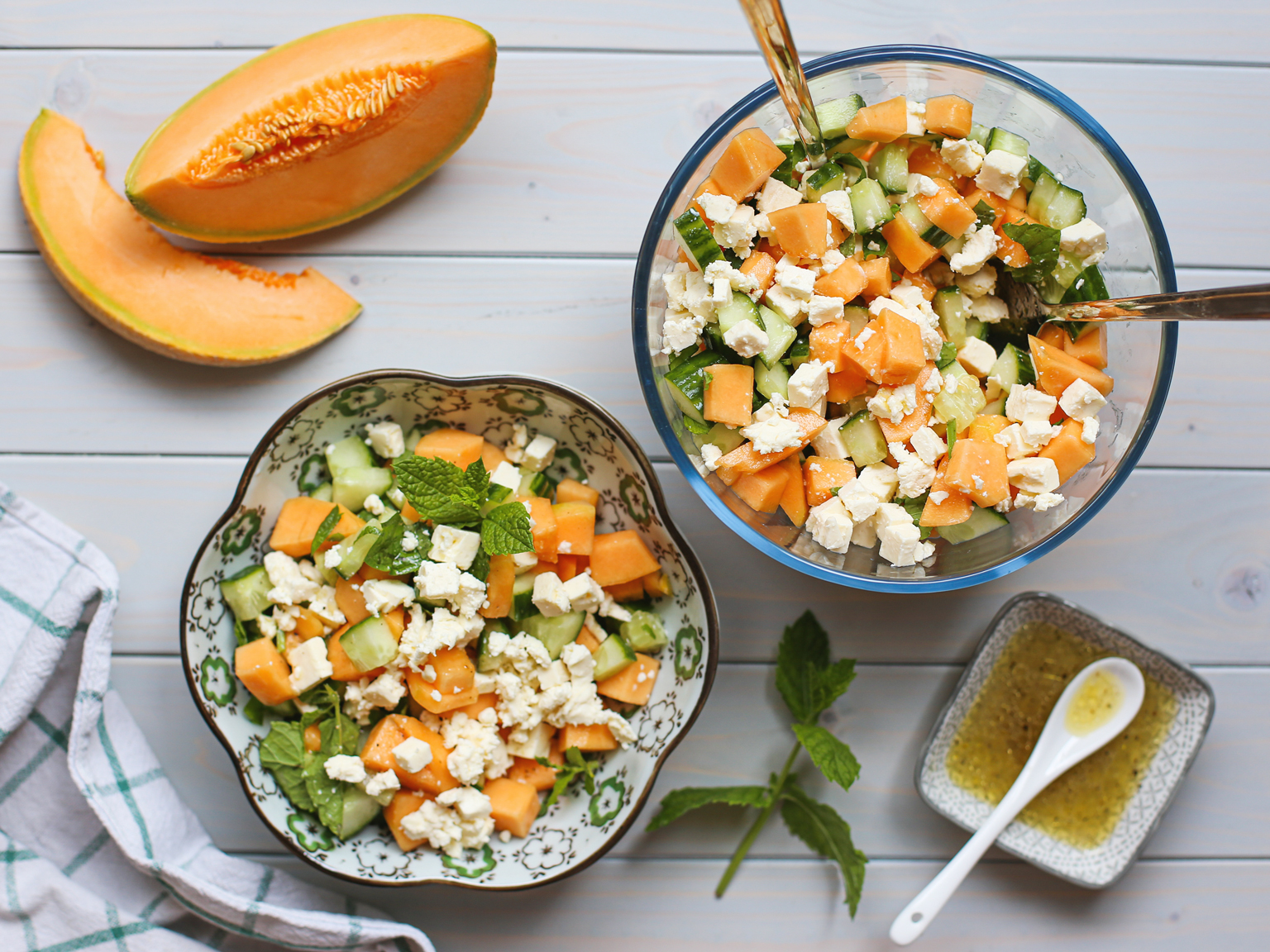 melon, feta, cucumber, fresh mint, oil, salt, pepper, salad, summer, fresh, feta cheese, easy