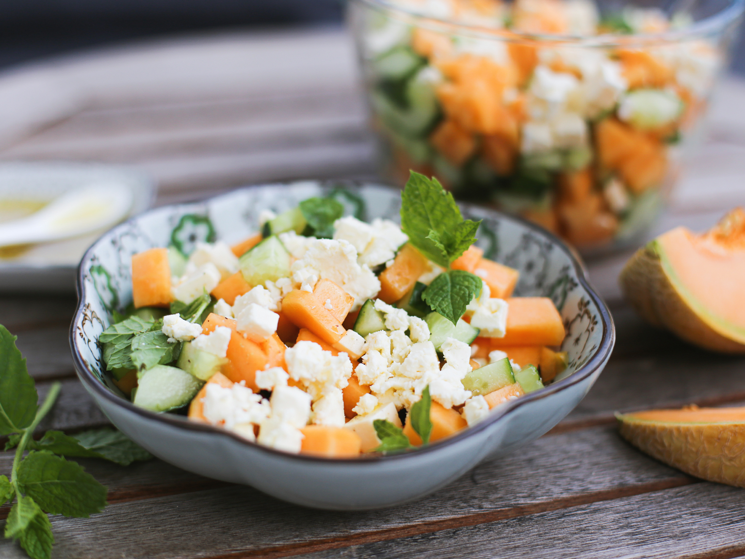 salade, melon, concombre, menthe, fraîche, citron vert, feta, vinaigrette, huile