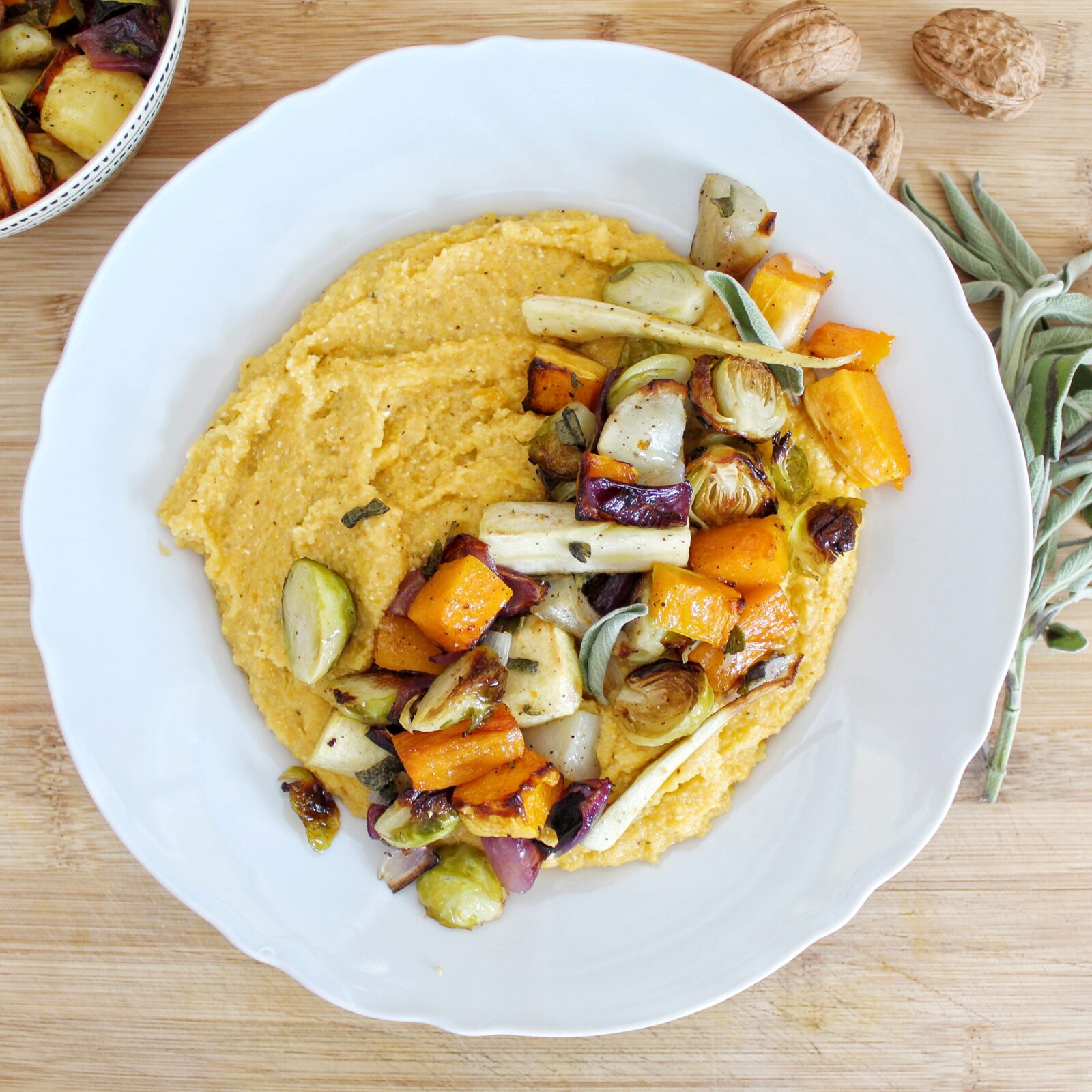 Squash polenta with roasted veggies and sage