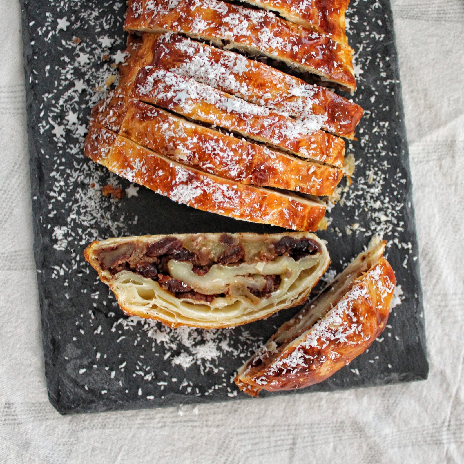 apple strudel in slices, from above