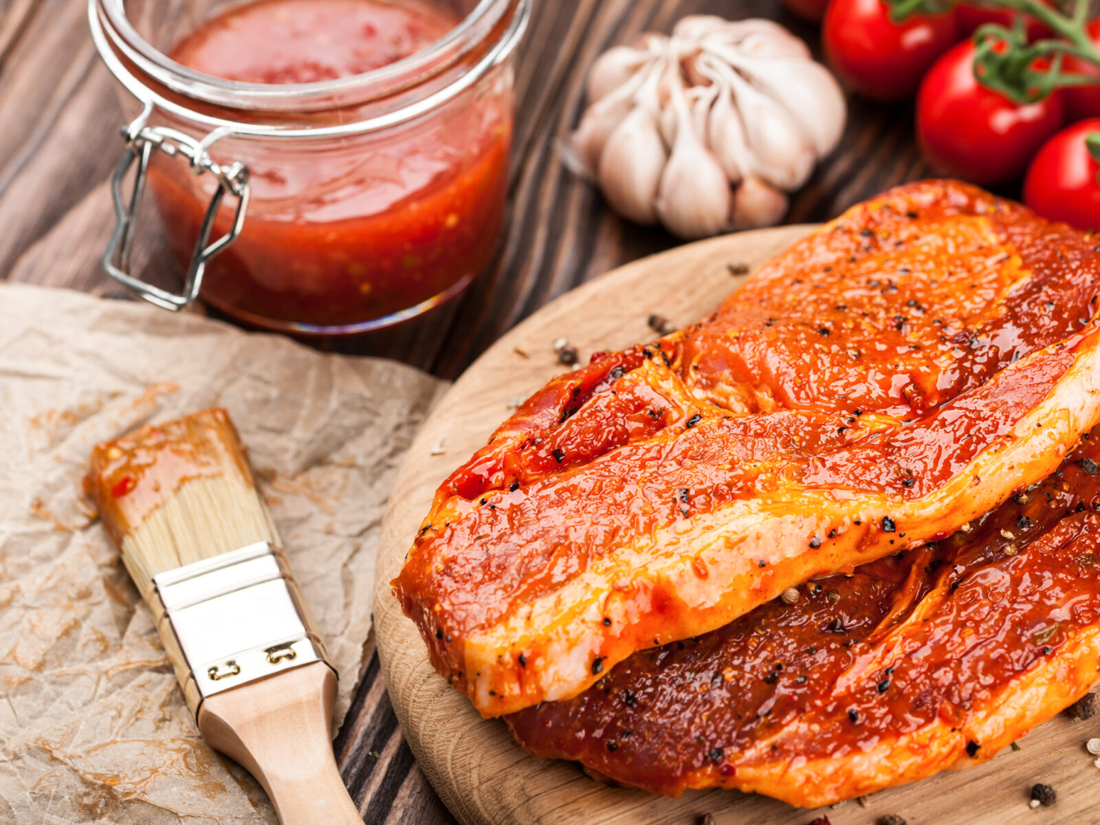 Marinated pork steaks on cutting board and ingredients for cooking