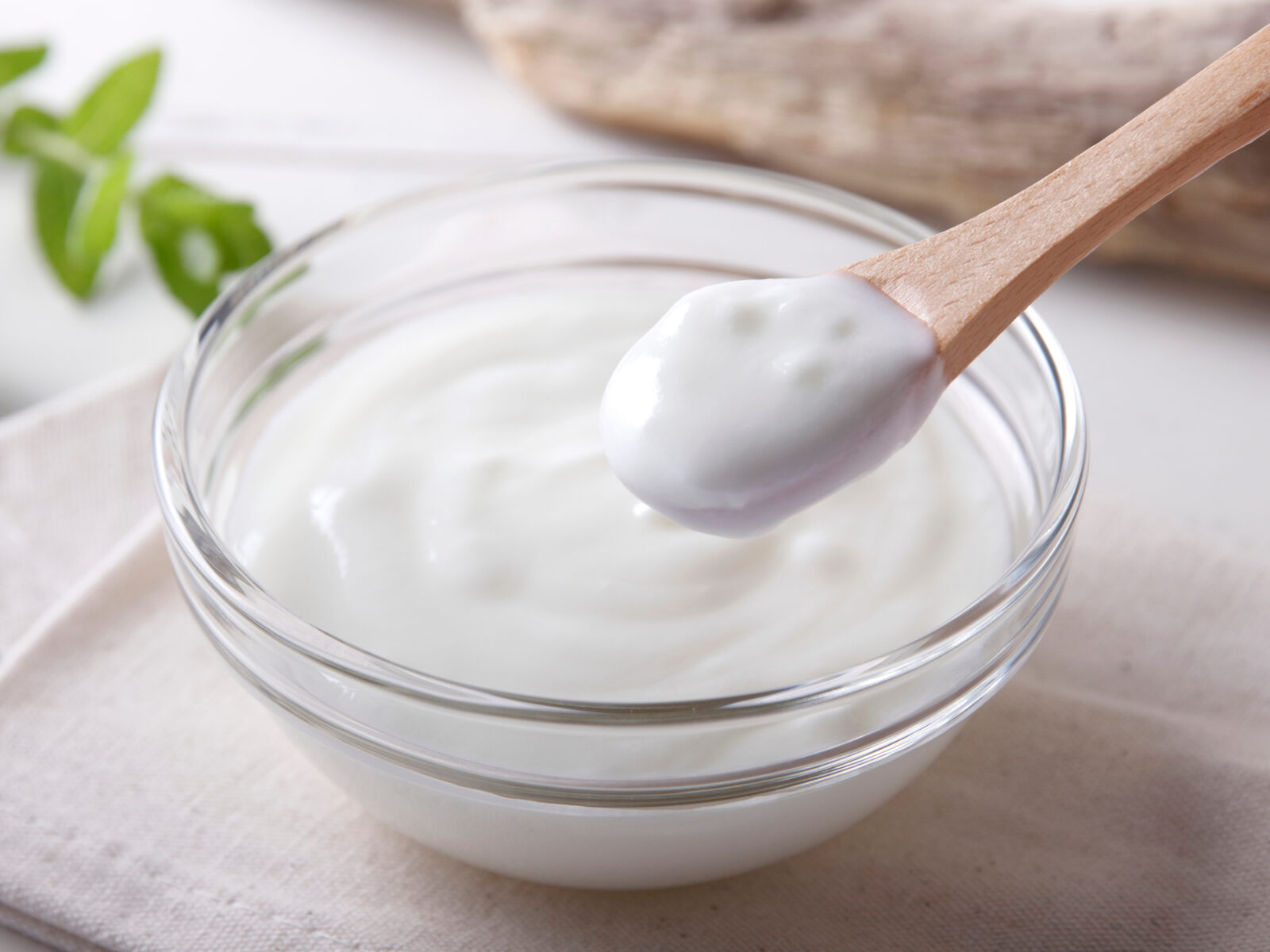 A spoon of yoghurt in front of a yoghurt bowl