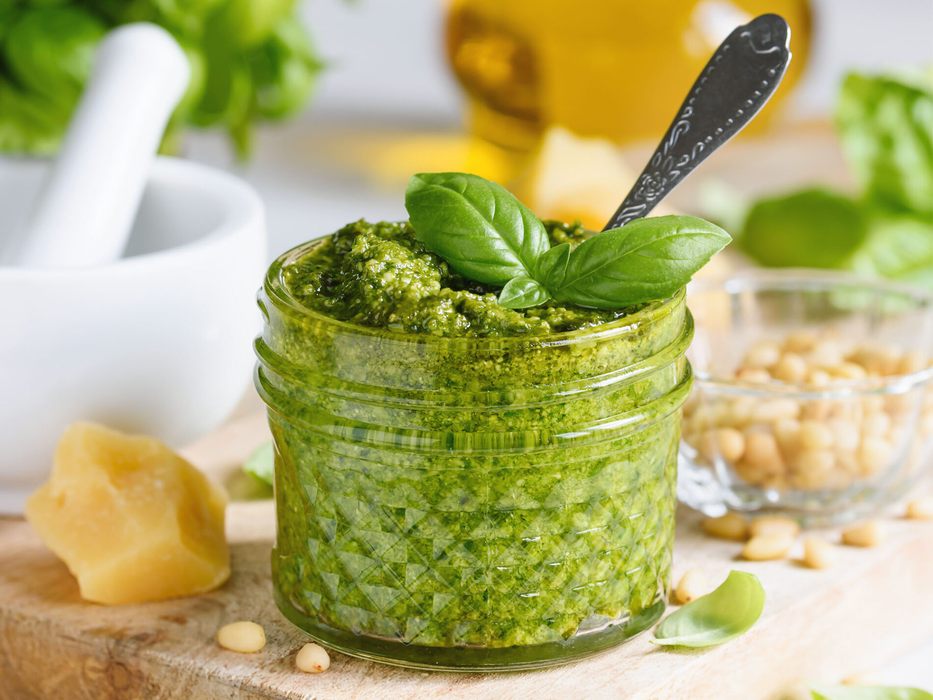 Green pesto in a jar