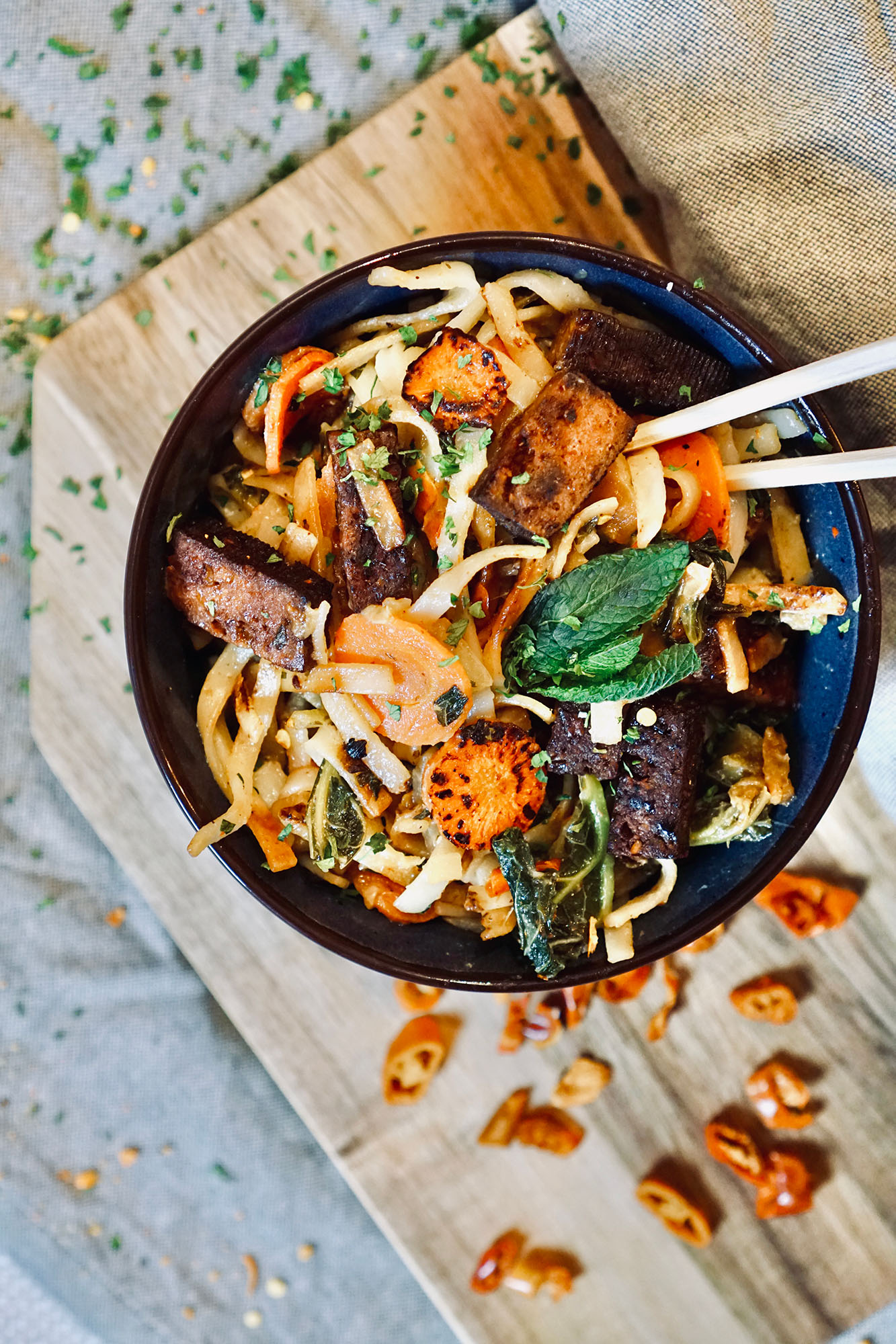 Vietnamese fried noodles with tofu in a bowl
